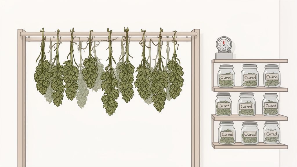 Dried hops hanging on a rack and twelve jars of cured cannabis on a shelf with a scale.