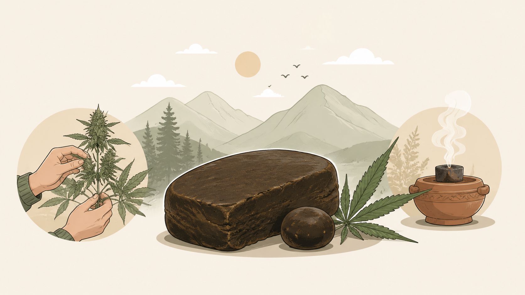 A scenic illustration depicting hemp plants, hashish blocks, and an incense burner against a mountain landscape.