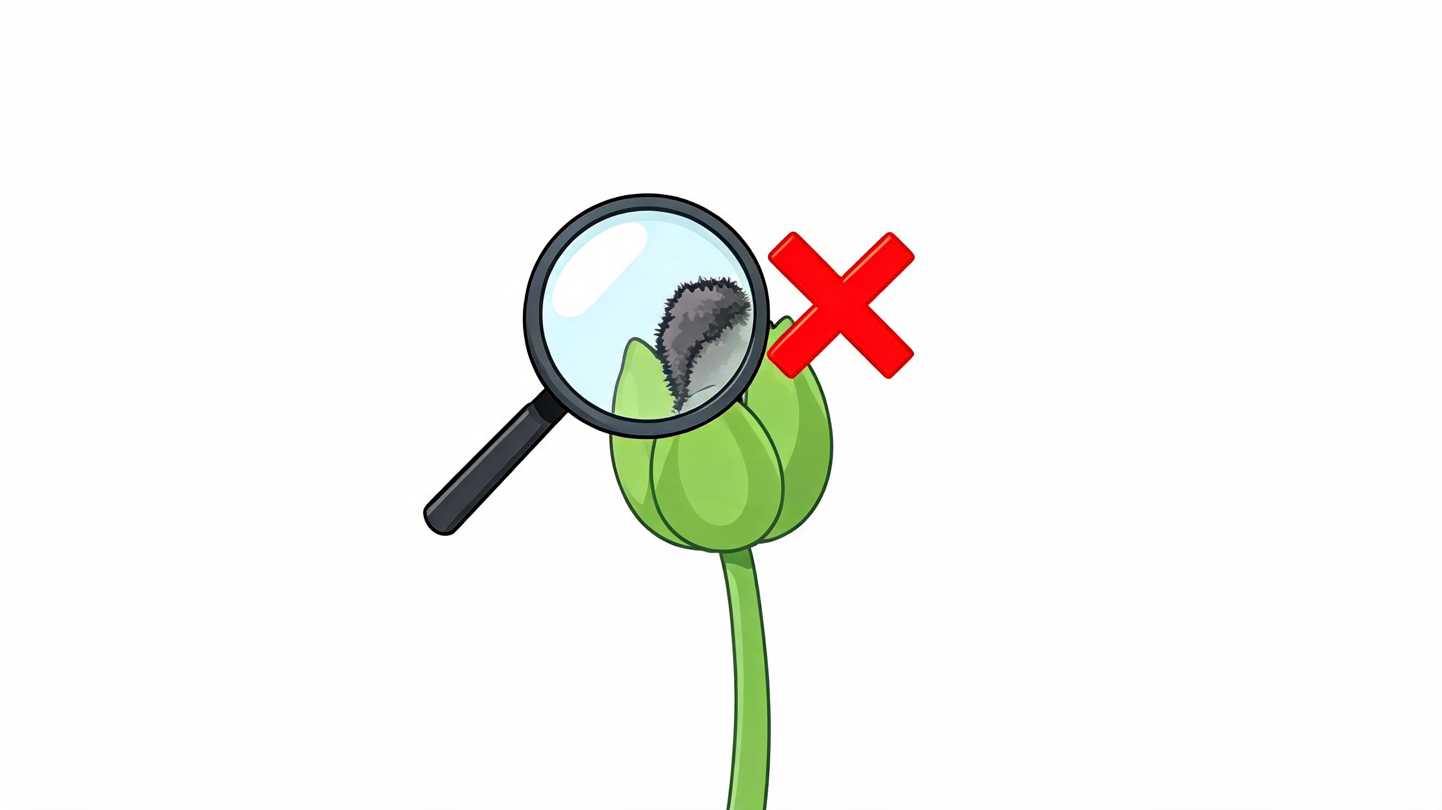 A magnifying glass inspecting mold on a green cannabis bud with a red x symbol nearby.