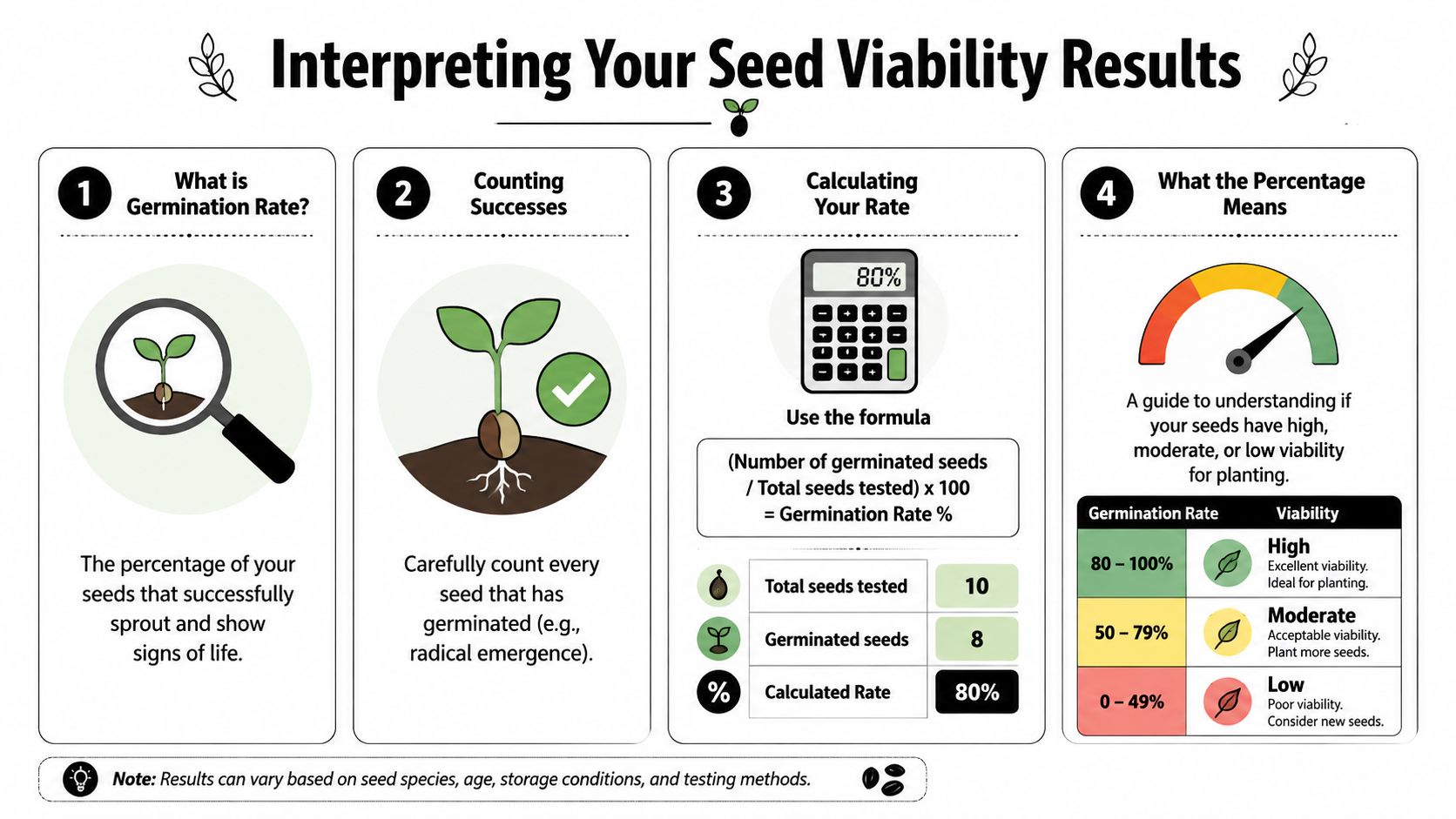 An infographic showing a four-step process on how to calculate and interpret seed germination viability rates.