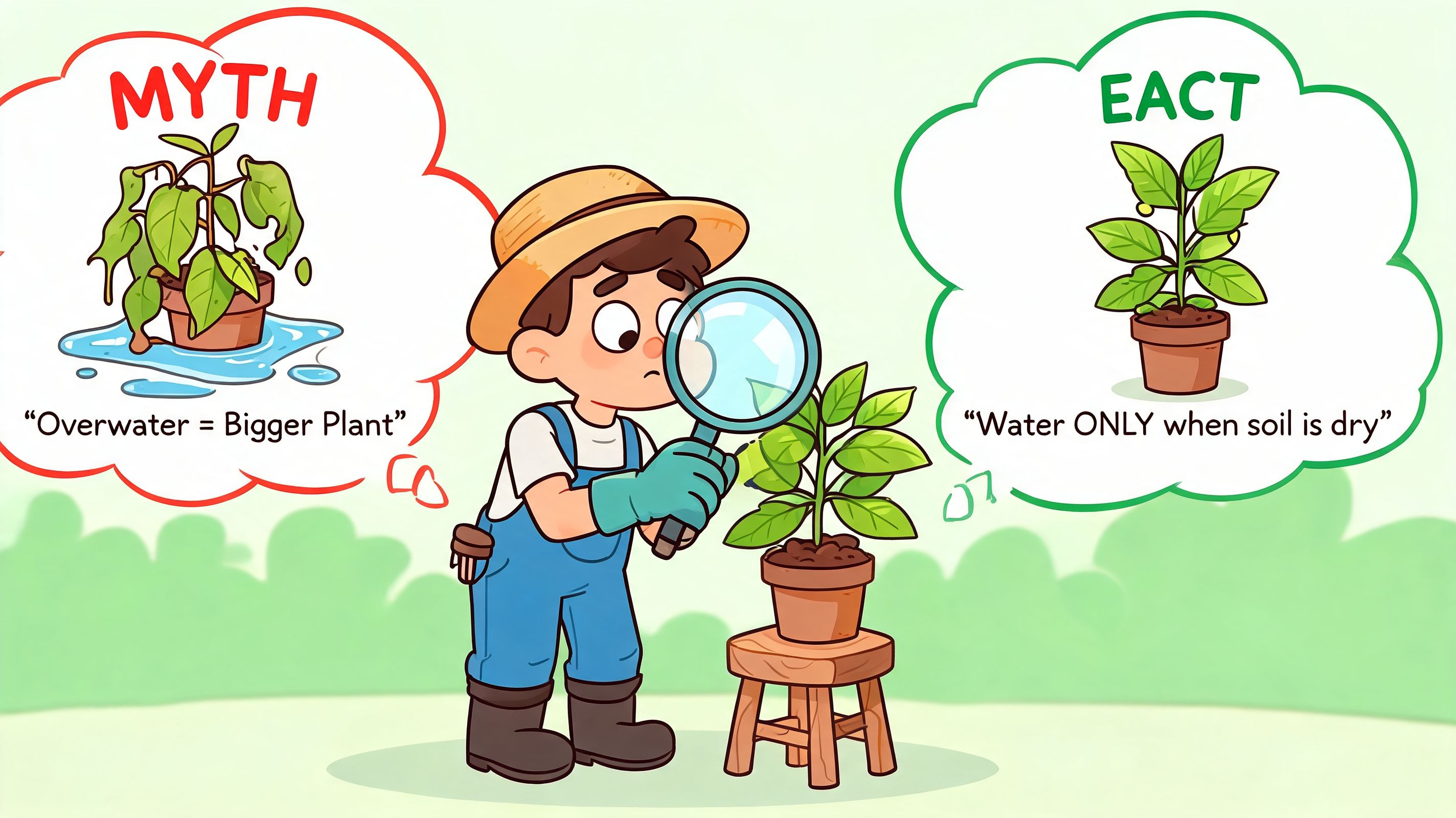 An illustration of a gardener using a magnifying glass to inspect a plant, comparing watering myths with facts.