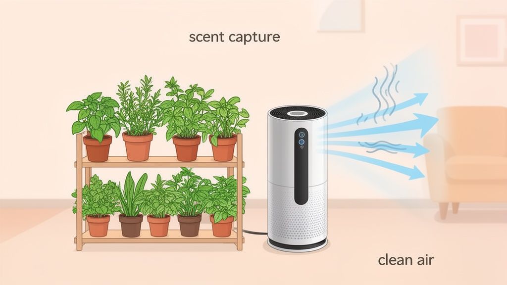 An air purifier captures scents from potted herbs on a shelf, releasing clean air into a room.