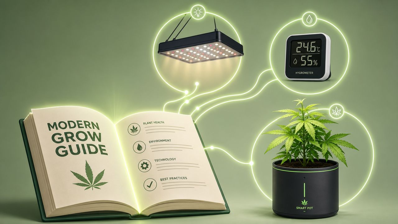 An illustrated guide for indoor cannabis growing featuring a modern grow light, hygrometer, and a smart pot.