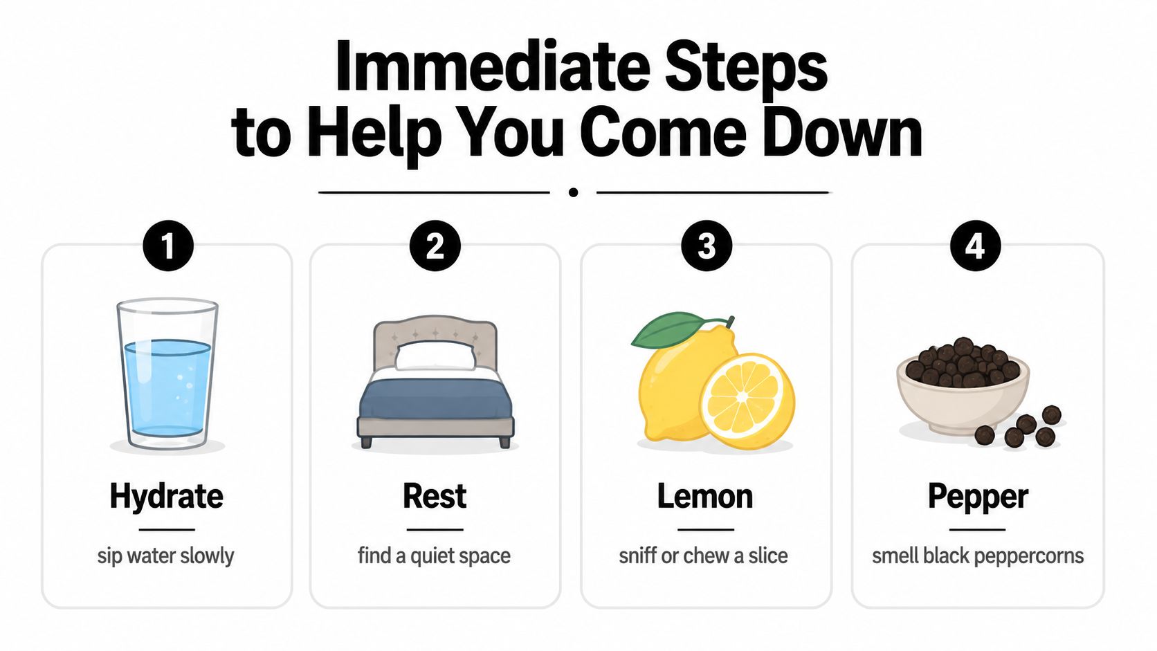 An infographic titled Immediate Steps to Help You Come Down, listing hydration, rest, lemon, and pepper advice.