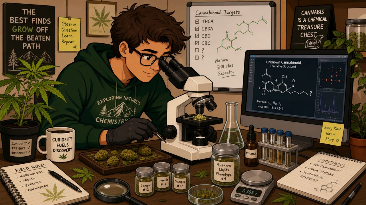 A young scientist examines a cannabis sample under a microscope in a well-equipped botany laboratory workspace.