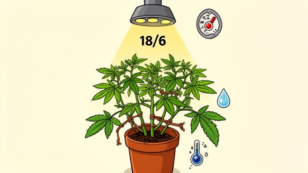 A cannabis plant in a pot with LST, under an 18/6 light schedule, with climate controls.