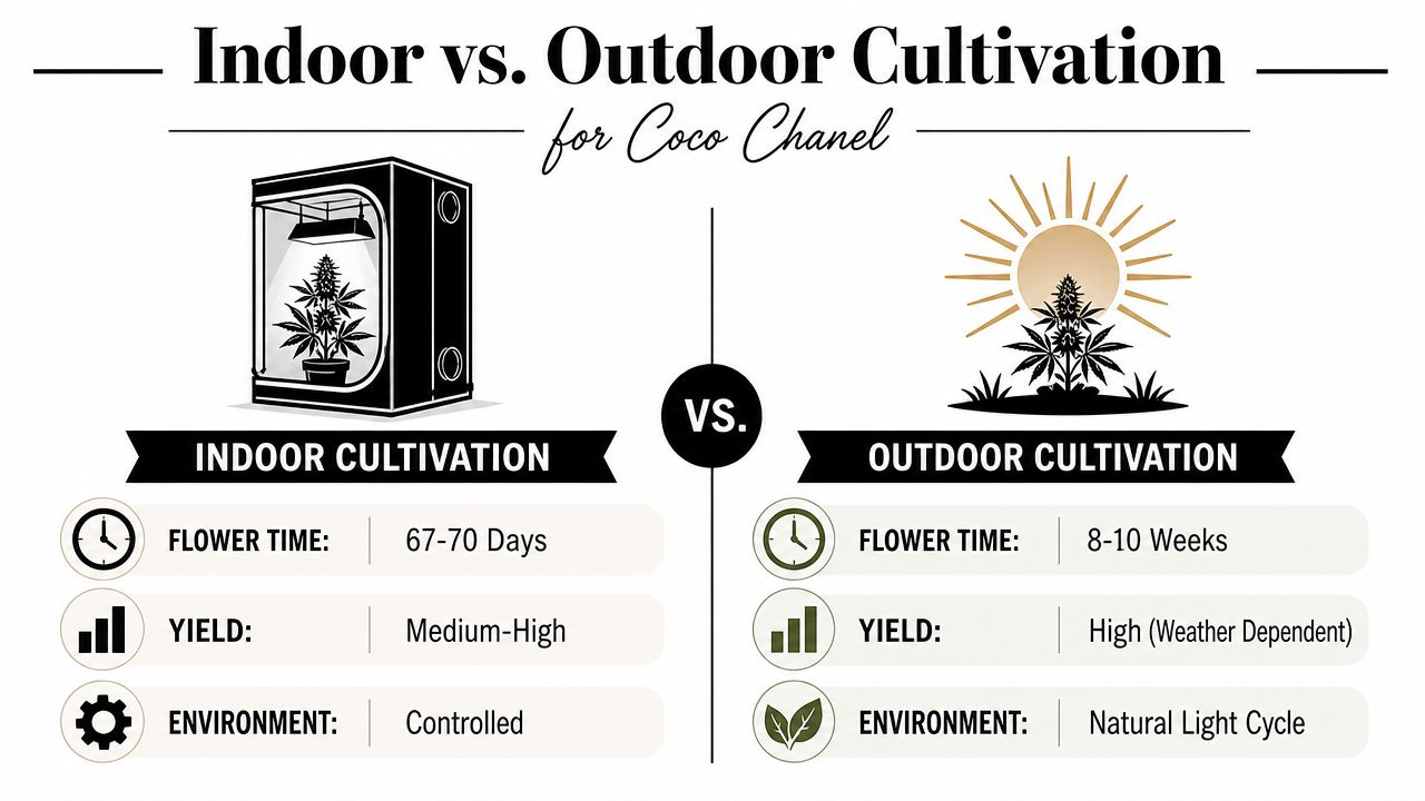 A comparative infographic showing the differences between indoor and outdoor cultivation for the Coco Chanel cannabis strain.