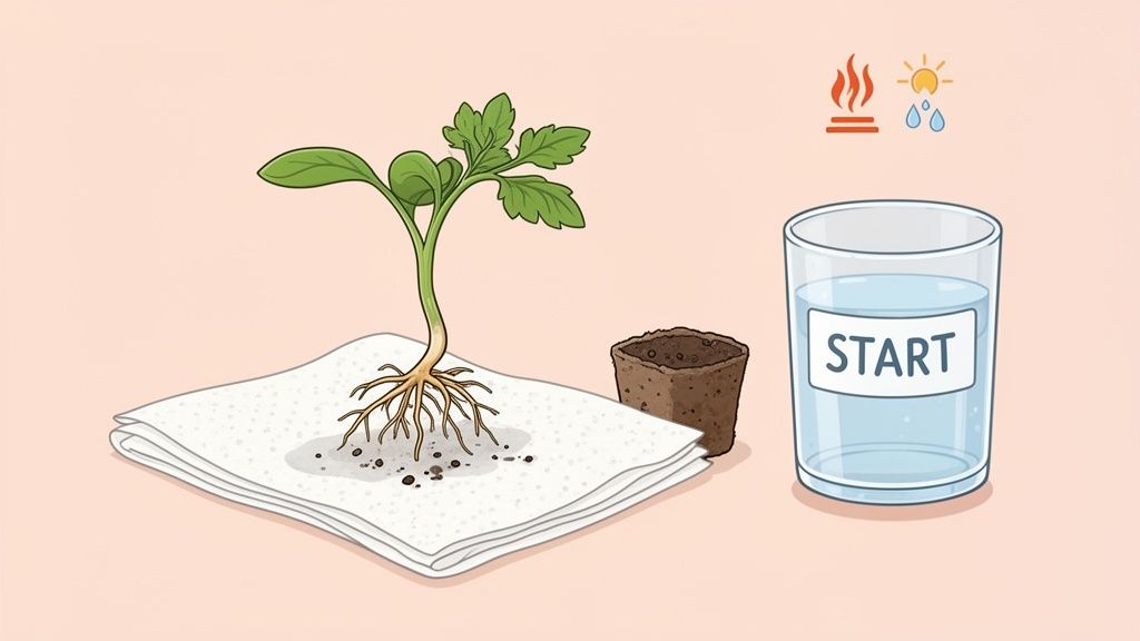 A young plant with roots on a paper towel, a soil pot, and a glass of water labeled 'START' with growth icons.
