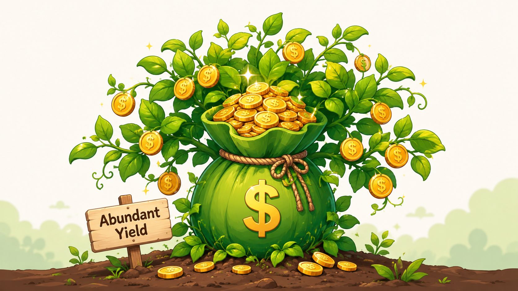 A green money bag shaped like a plant, sprouting golden dollar coins with an Abundant Yield sign.