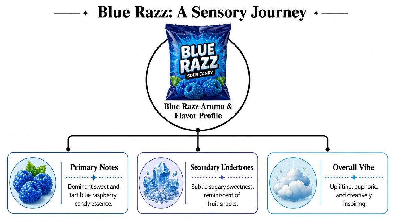 A sensory journey chart detailing the sweet, tart, and uplifting flavor profile of Blue Razz sour candy.