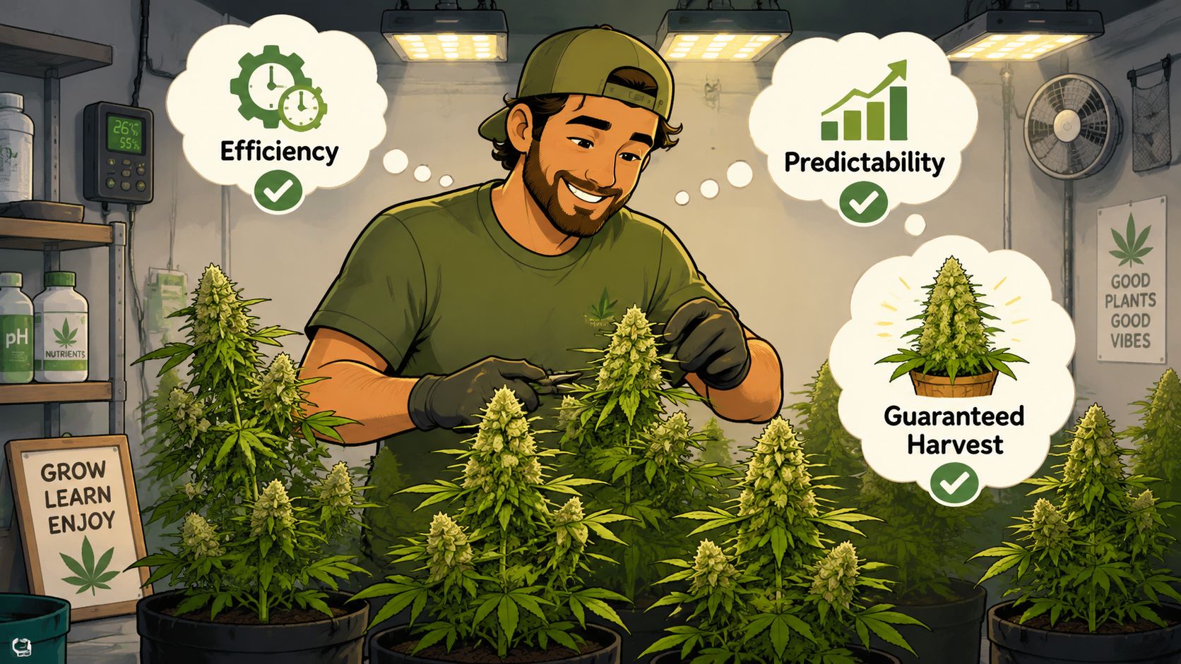 A happy cultivator trimming marijuana plants, highlighting efficiency, predictability, and guaranteed harvest in an indoor garden.