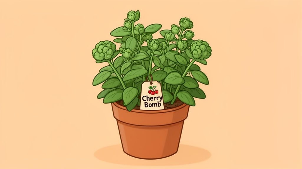 A cartoon image of a potted green plant with numerous buds and a 'Cherry Bomb' tag.