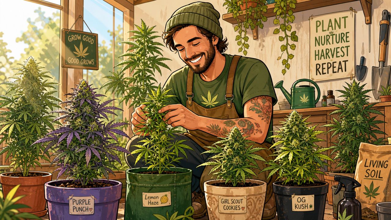 A smiling gardener tending to various cannabis plants in a sunny indoor greenhouse with labeled pots.