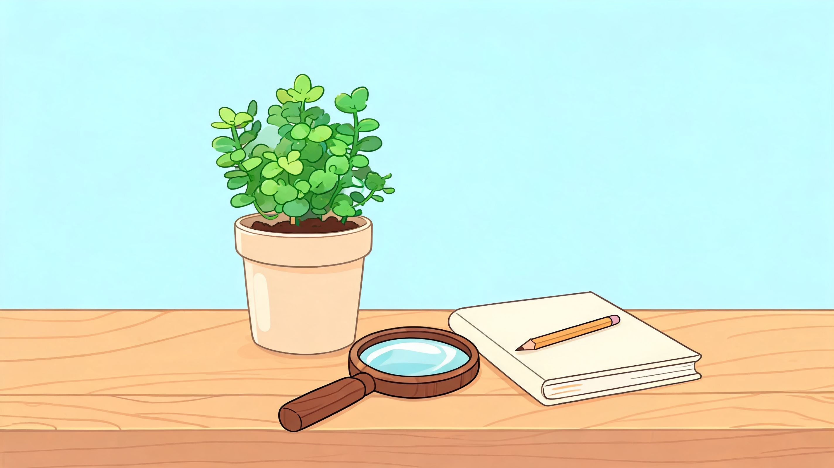 A minimalist illustration featuring a potted jade plant, a wooden magnifying glass, and a notebook with a pencil.