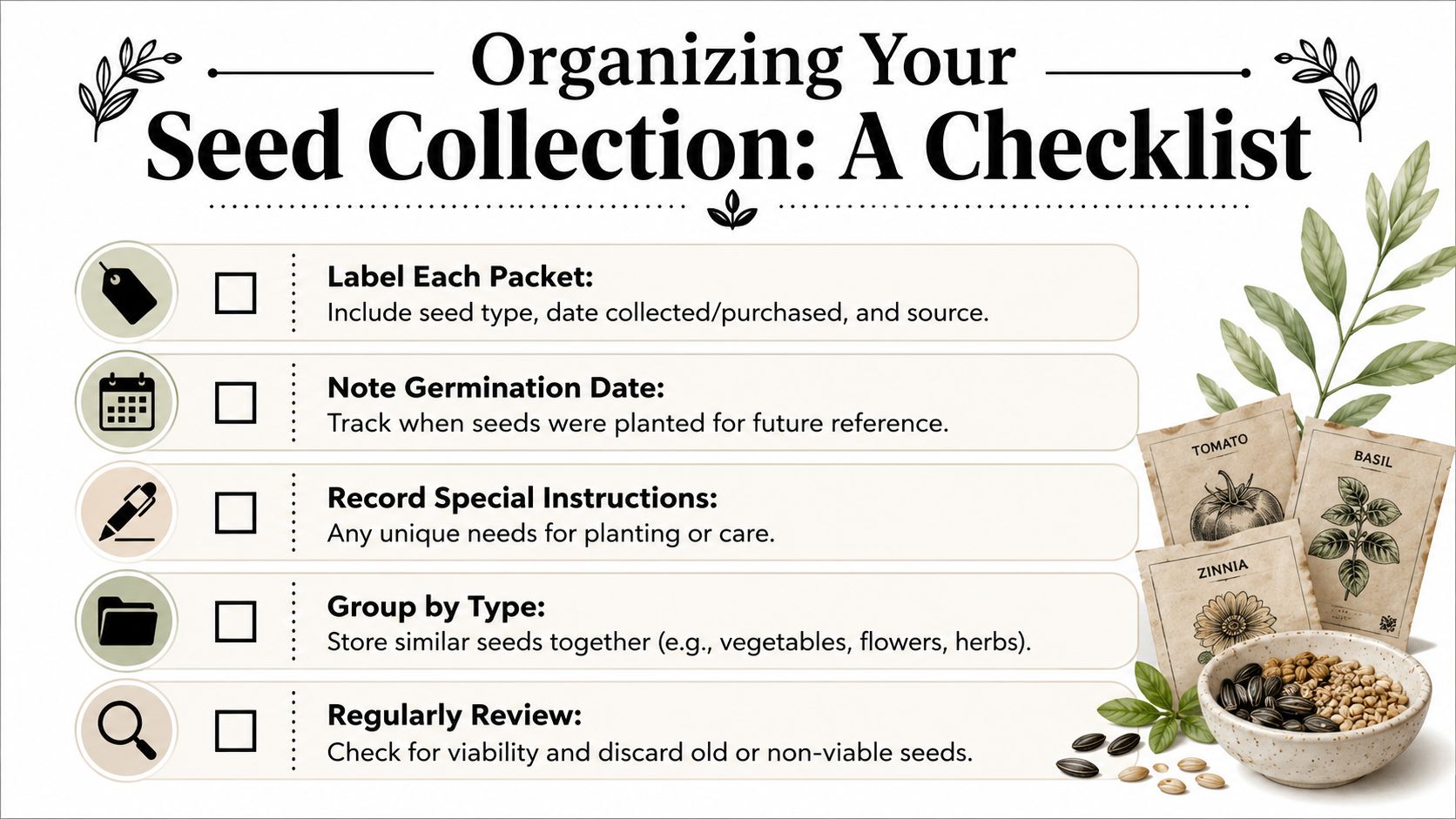 An infographic checklist showing five steps for organizing and maintaining a personal seed collection for gardening.