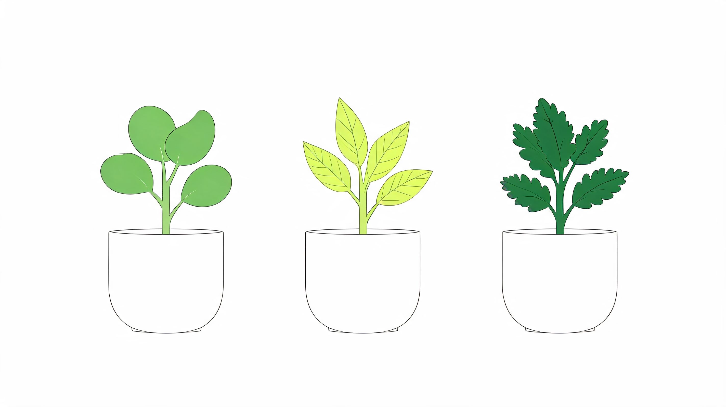 A digital illustration showing three different green plants in simple white pots against a white background.