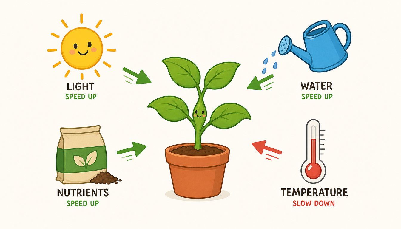 A diagram illustrating how light, water, nutrients, and temperature affect the growth rate of a houseplant.