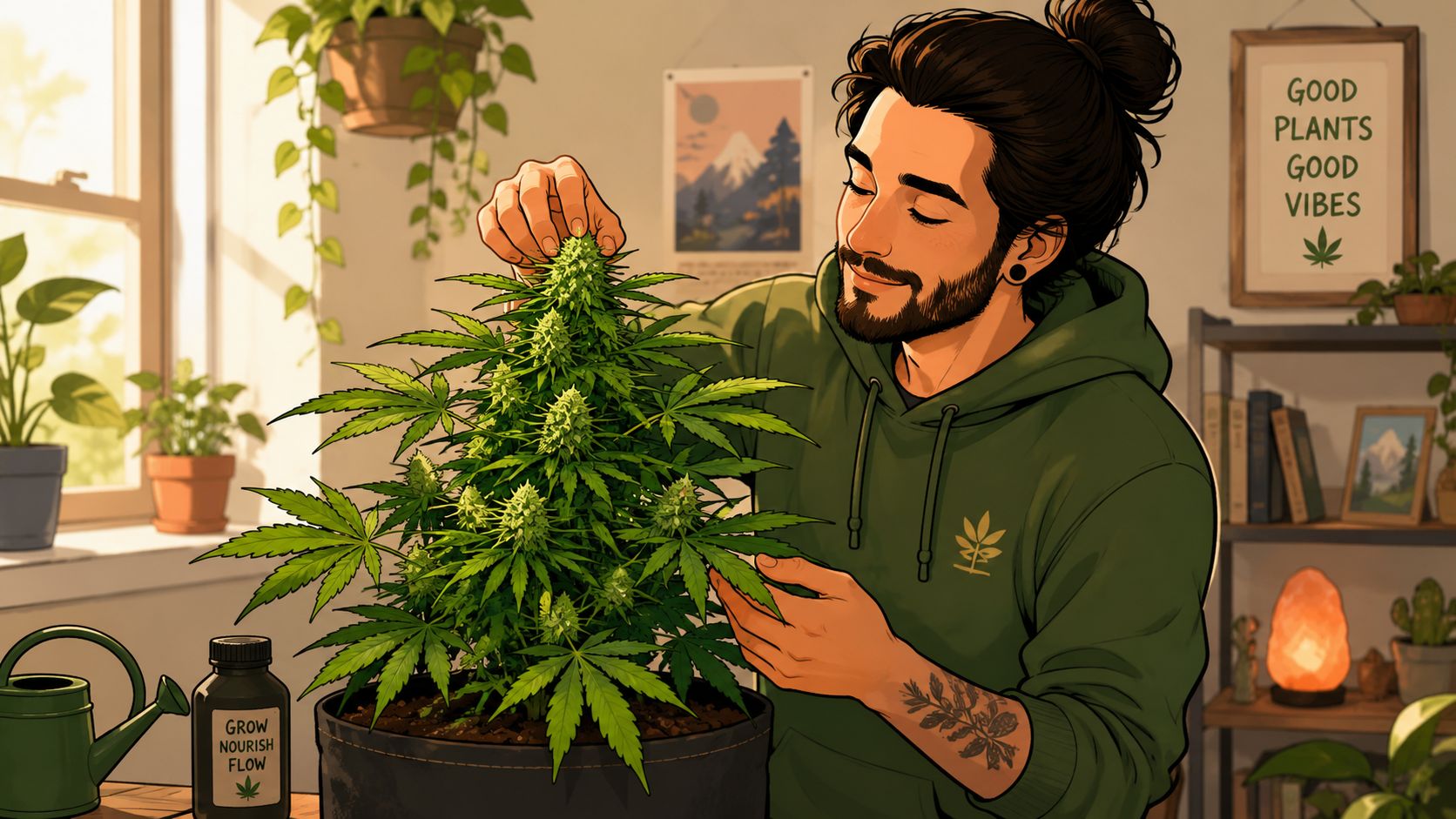 A happy man with a man-bun tending to a lush, flowering cannabis plant in a sunny room.