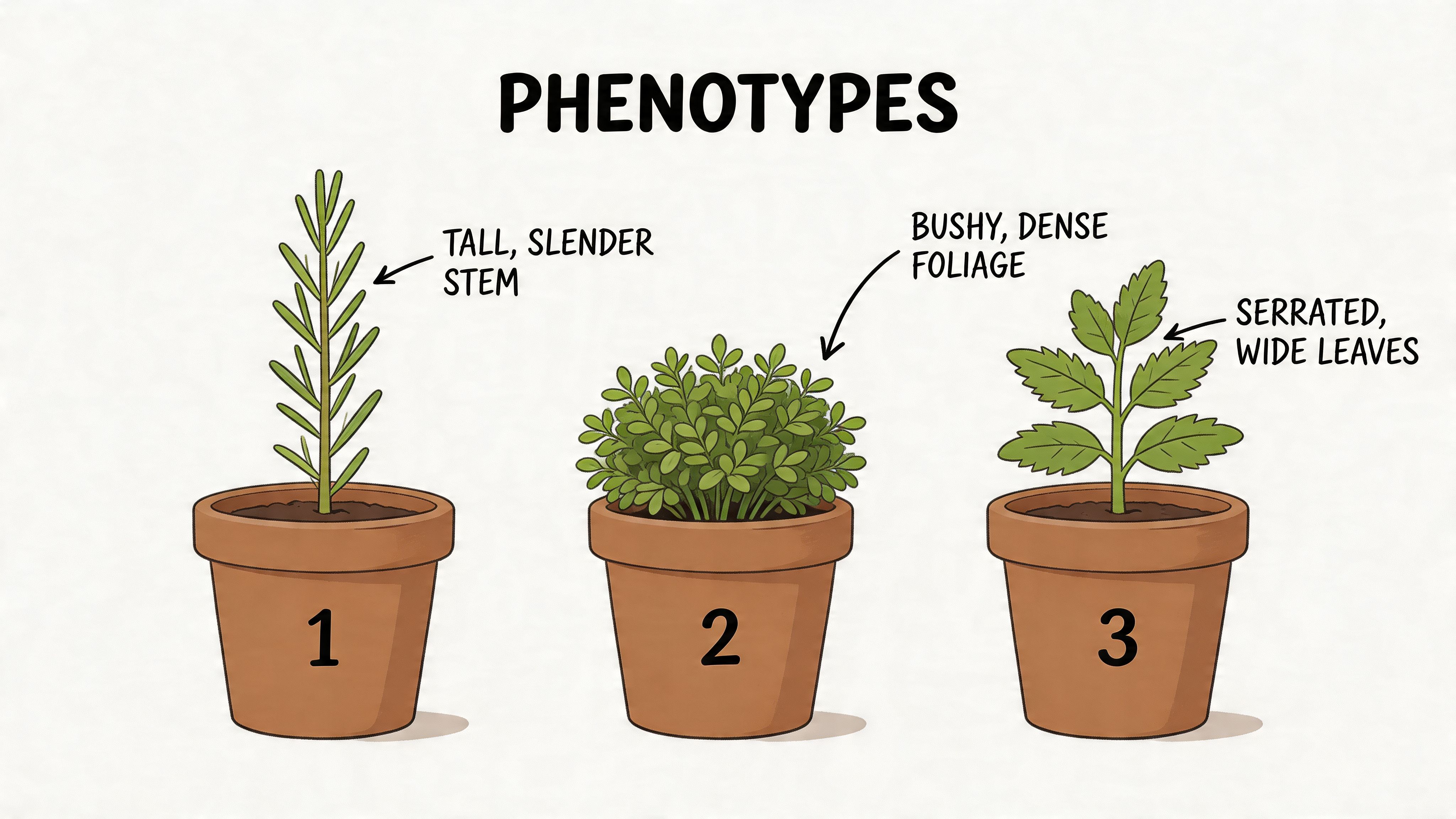 Three potted plants demonstrating distinct phenotypes: tall slender stem, bushy dense foliage, and serrated wide leaves.