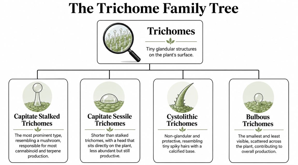 A diagram titled The Trichome Family Tree illustrating four types of plant trichomes with descriptions.