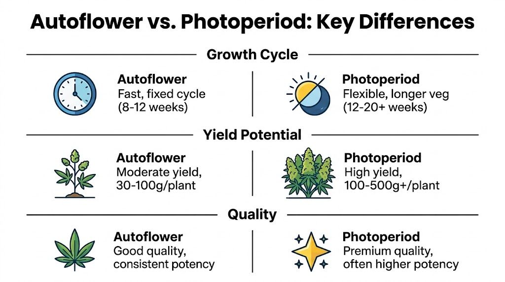 A comparison chart showing key differences between autoflower and photoperiod plants regarding growth, yield, and quality.