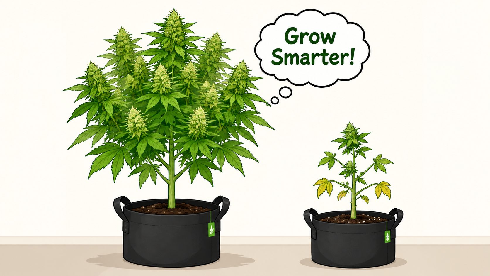 A healthy cannabis plant beside a smaller, nutrient-deficient plant to demonstrate the benefits of proper growing techniques.