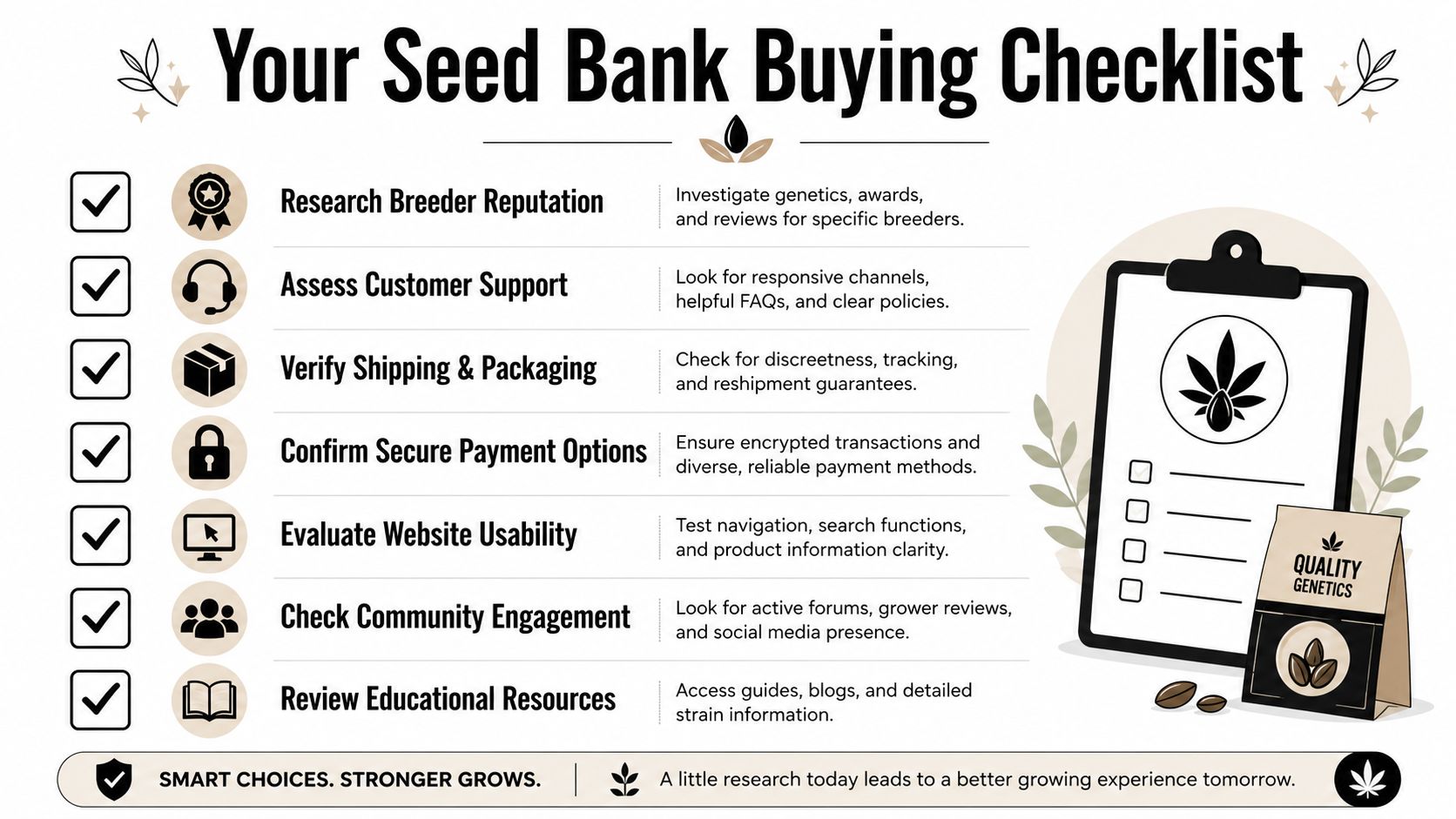 A comprehensive checklist for selecting a reputable online seed bank to ensure high-quality genetics for growers.