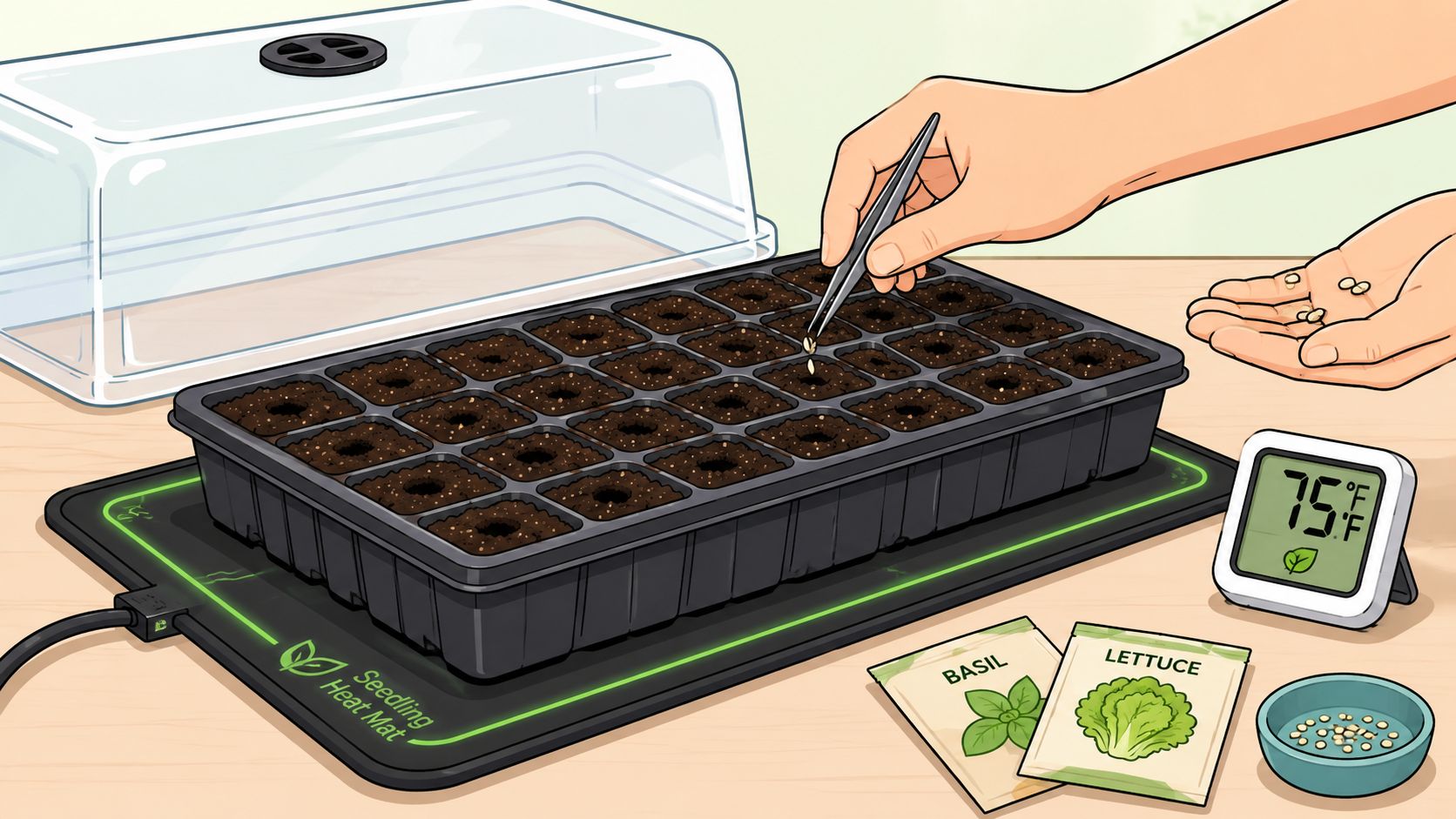A person using tweezers to place seeds into a seedling tray on a heat mat for germination.