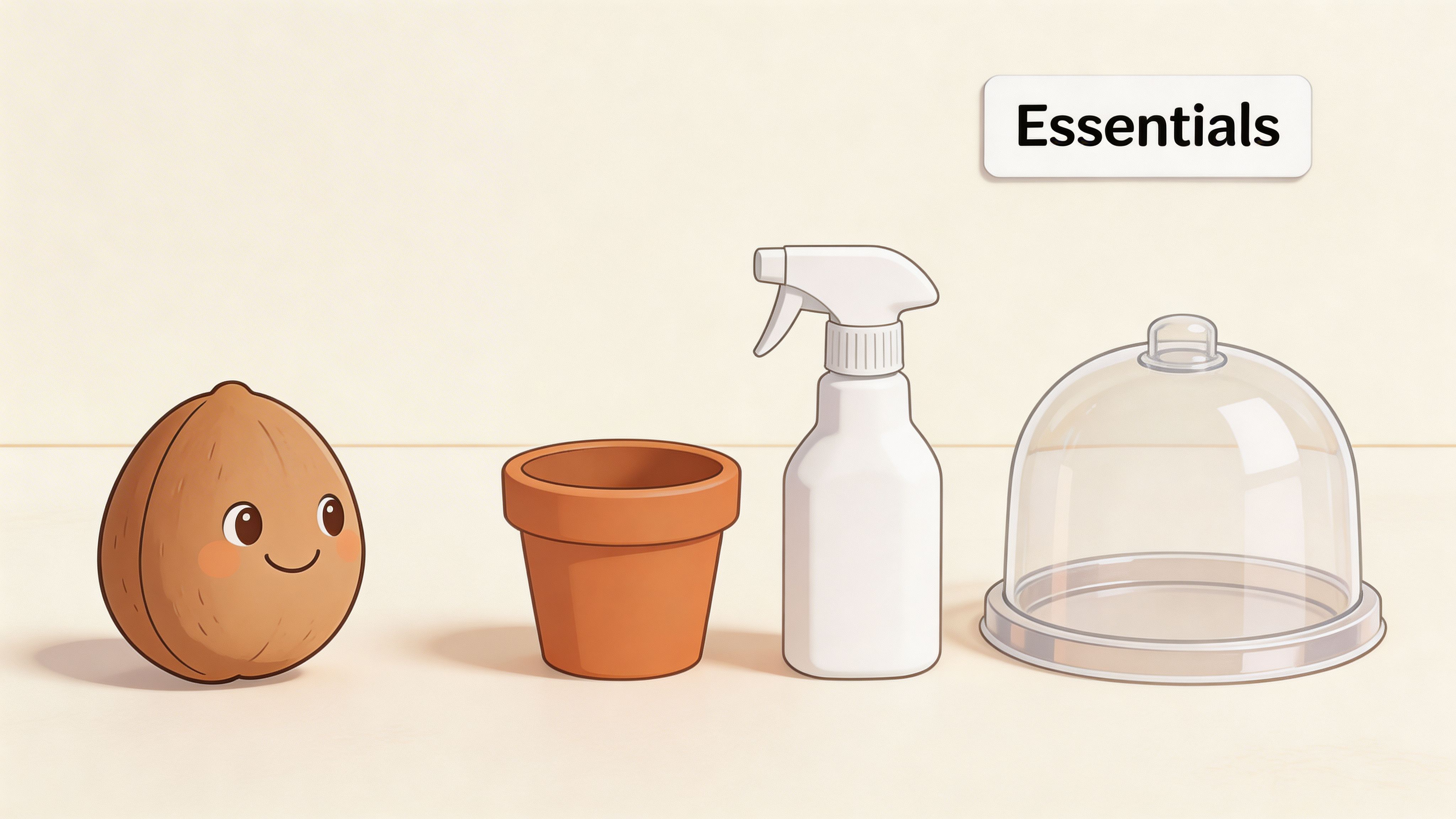 A cute cartoon nut, a small terracotta plant pot, a spray bottle, and a clear glass cloche.
