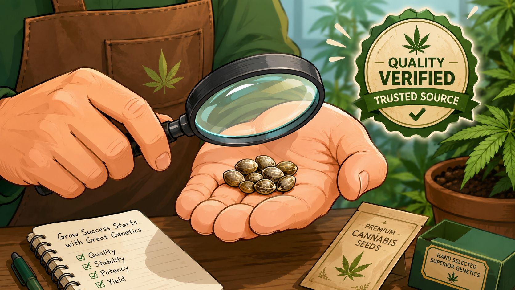 A grower inspects premium cannabis seeds with a magnifying glass to ensure quality for successful cultivation.