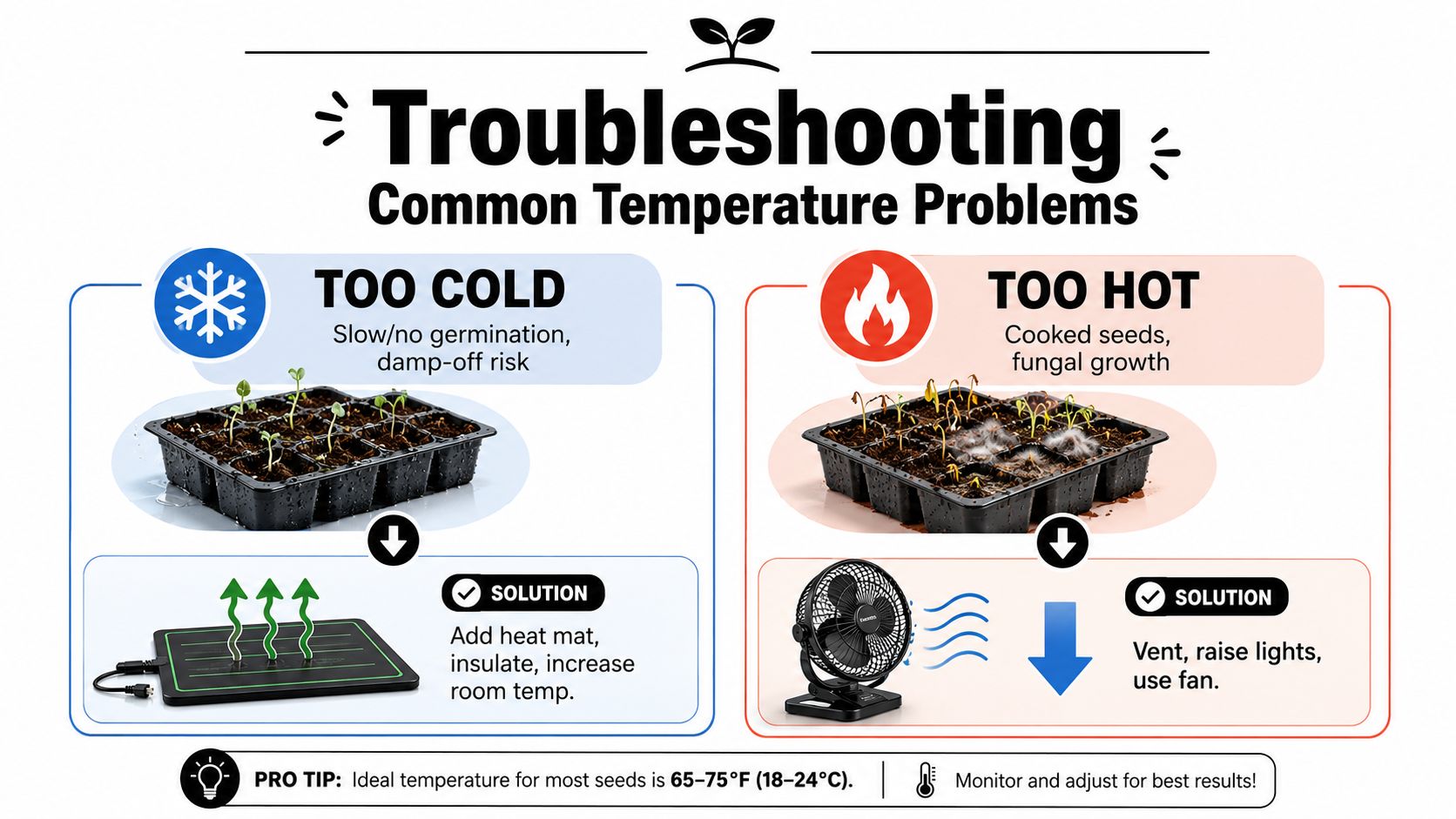 A troubleshooting guide showing how to fix temperature problems during seed germination using mats or fans.