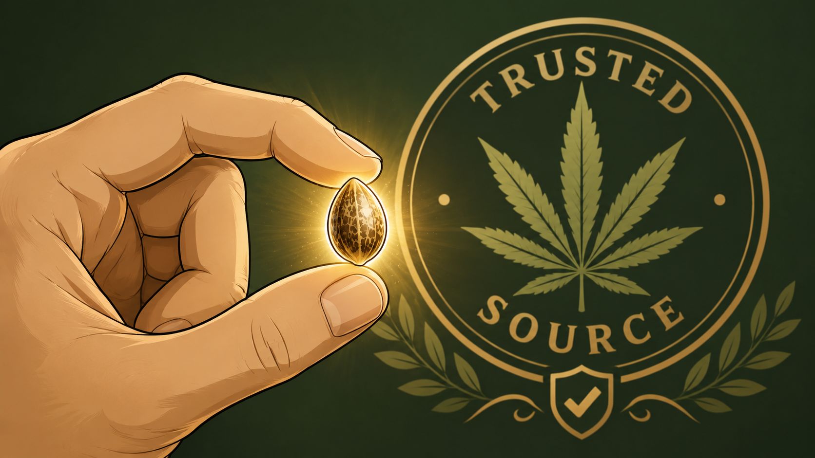 A hand holding a glowing cannabis seed next to a Trusted Source emblem on a green background.