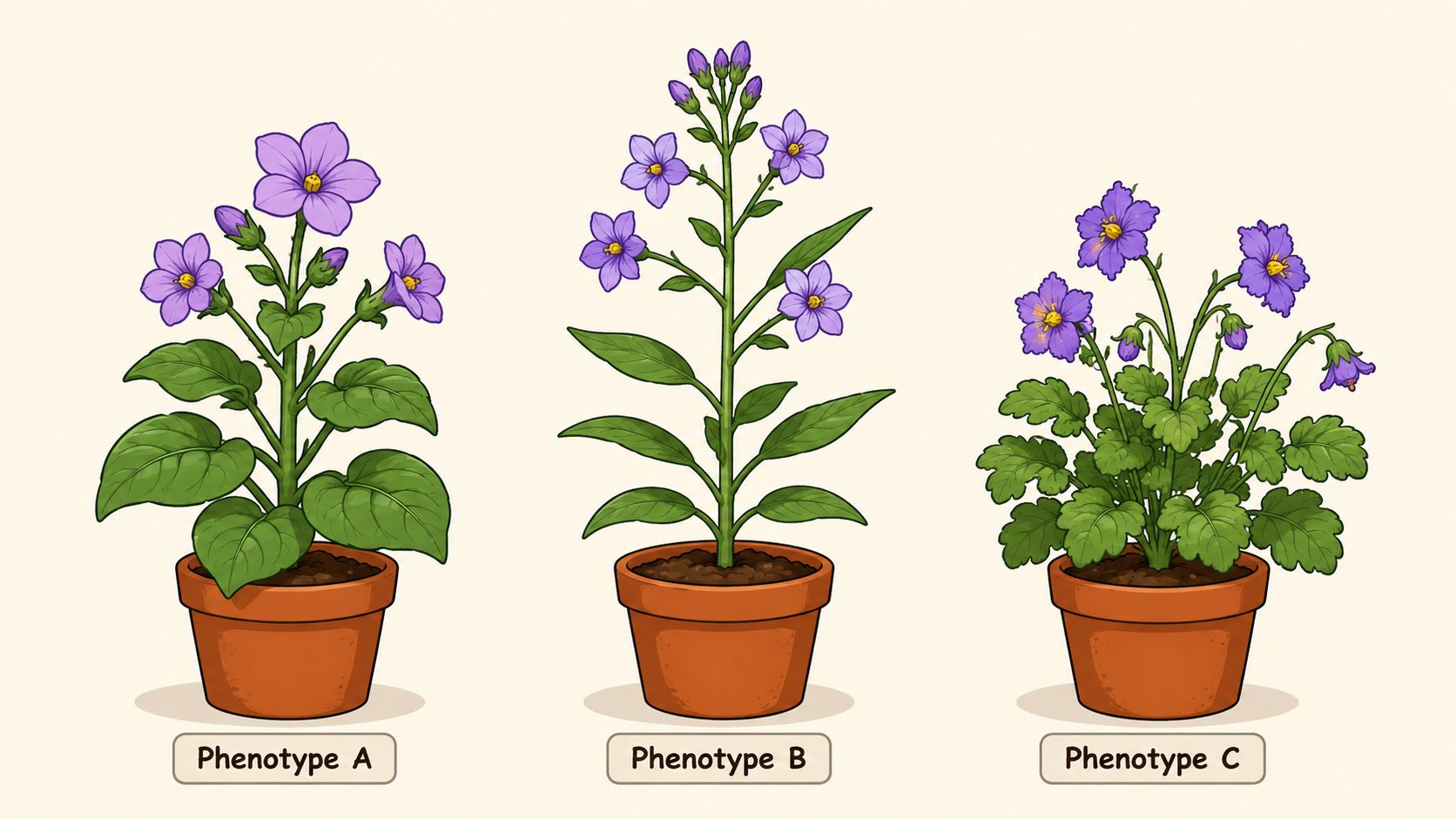 Three different potted plants with purple flowers displayed side by side as botanical phenotypes on beige.