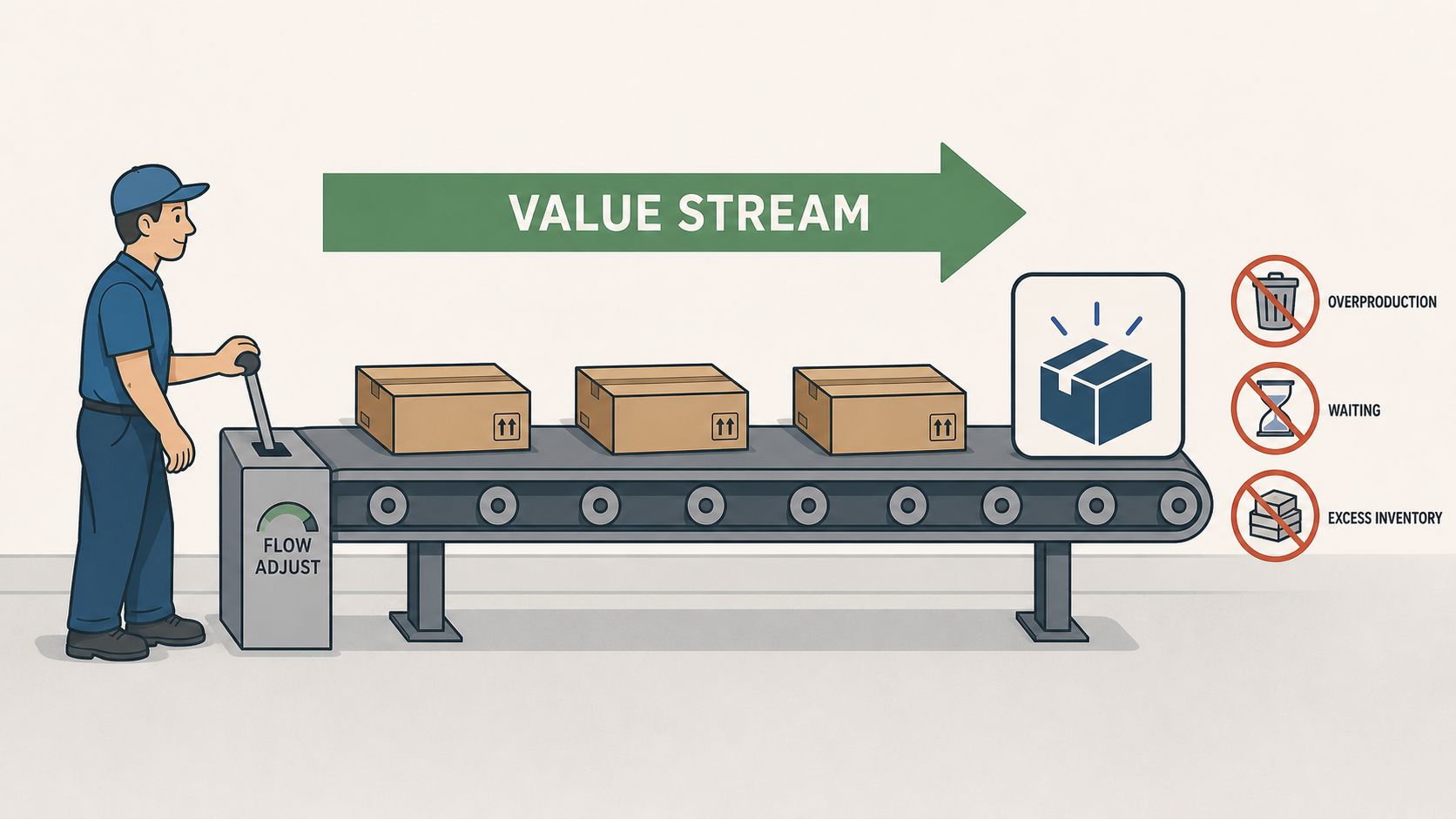 A worker operating a factory conveyor belt representing value stream optimization with waste reduction icons displayed.