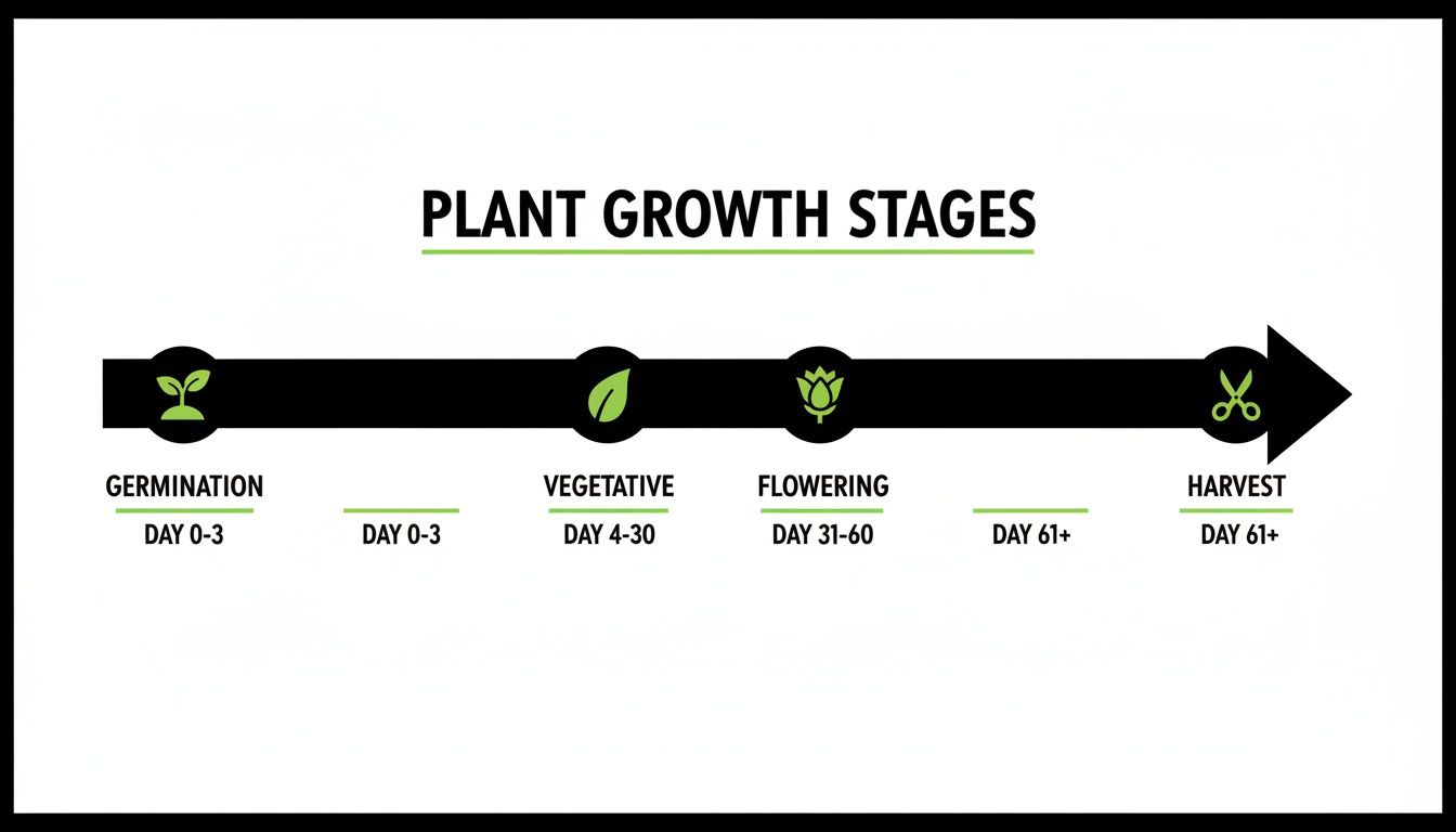 A detailed timeline diagram showing the four plant growth stages: Germination, Vegetative, Flowering, and Harvest with day ranges.