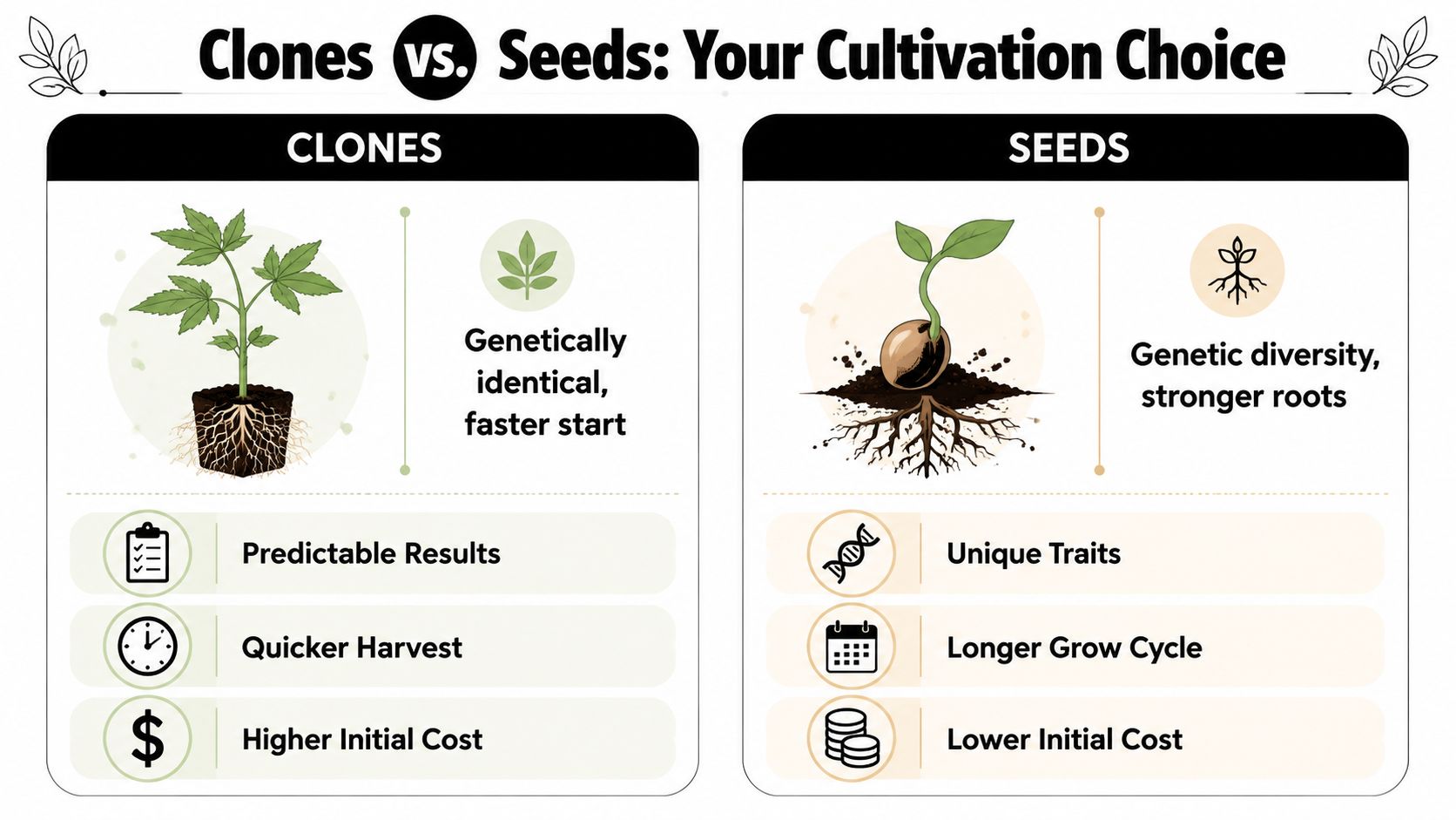 An infographic comparing the pros and cons of using cannabis clones versus seeds for cultivation.