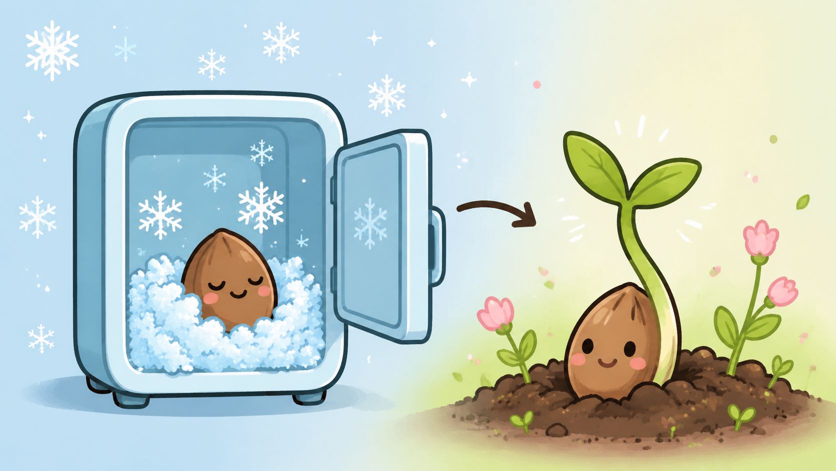 A cute cartoon illustration showing a seed undergoing stratification in a cold freezer to sprout later.