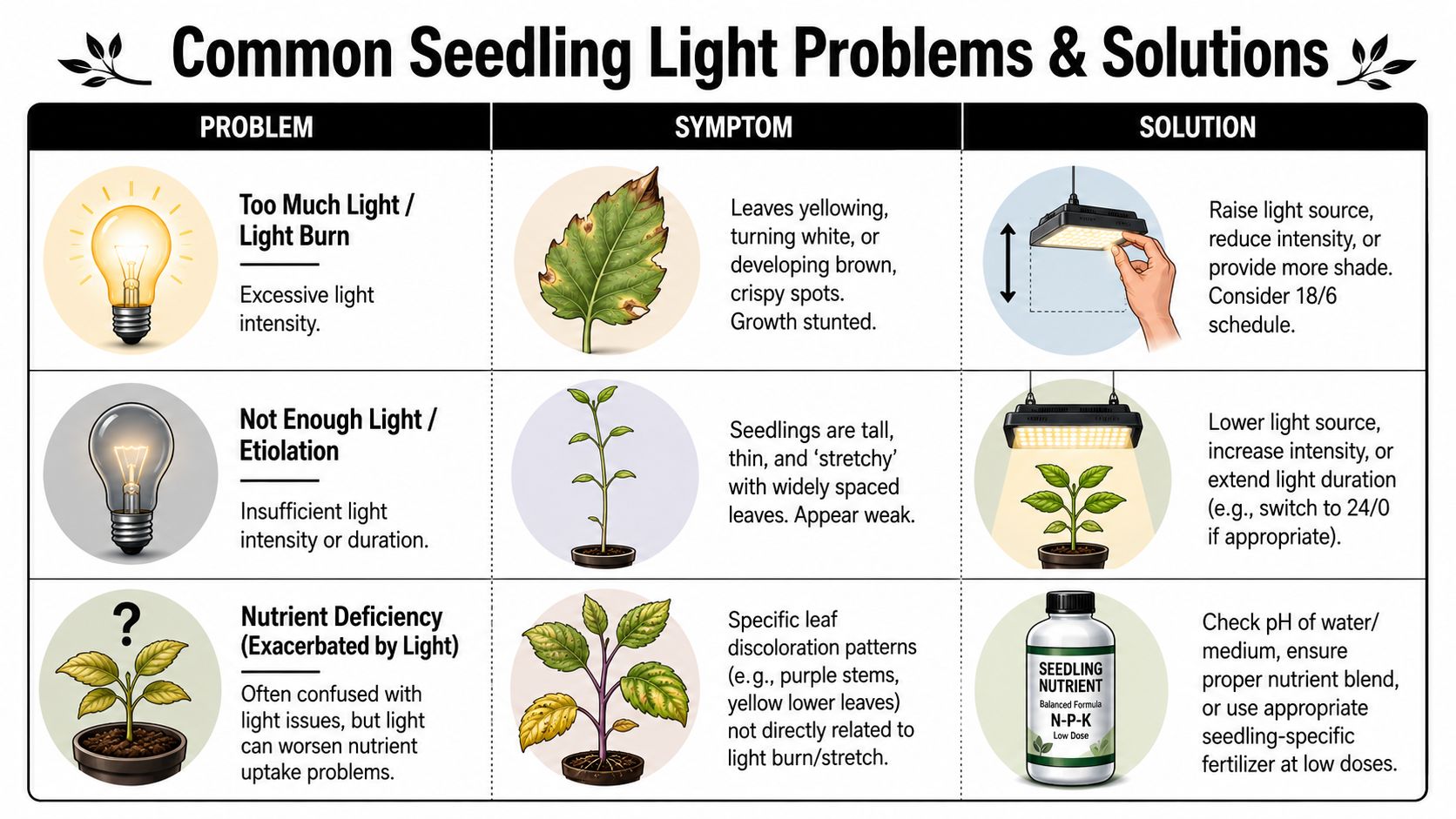 An infographic chart displaying common seedling light problems, symptoms, and potential solutions for indoor plant growth.
