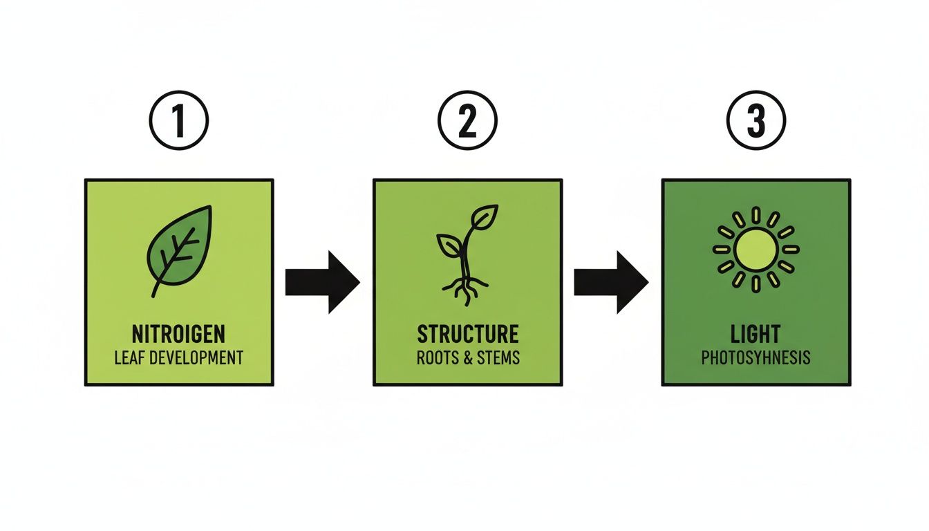 Infographic showing three stages of plant development: Nitrogen for leaf, structure for roots/stems, and light for photosynthesis.