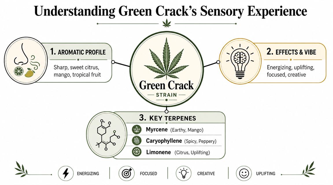 An infographic titled Understanding Green Crack's Sensory Experience featuring its aromatic profile, effects, and key terpenes.