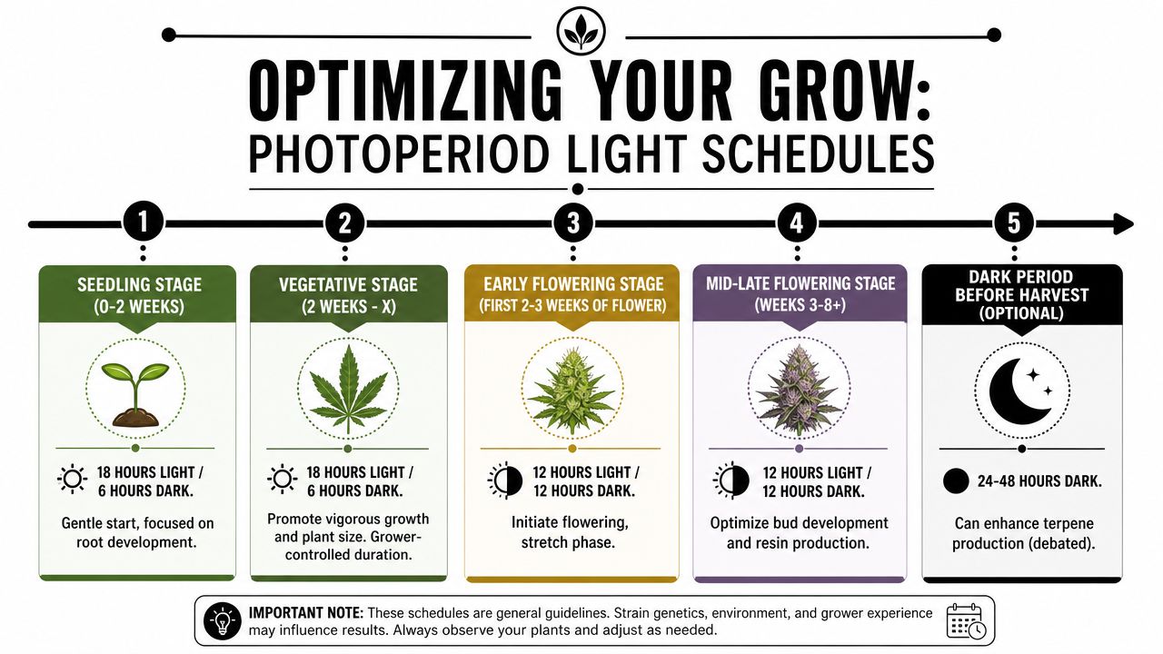 An infographic detailing recommended light schedules for different cannabis growth stages, from seedling to pre-harvest dark period.