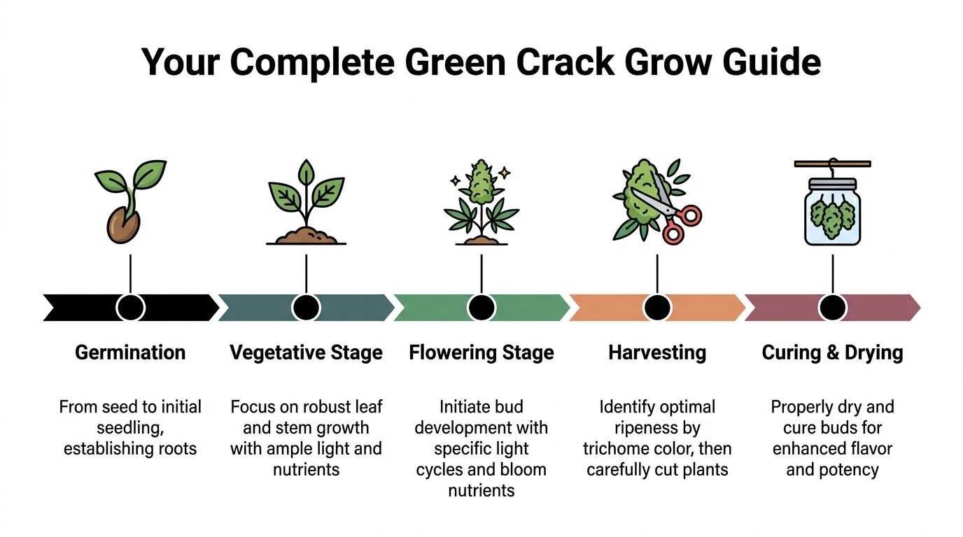 An infographic showing the complete five-stage Green Crack cannabis cultivation process from germination to final curing.