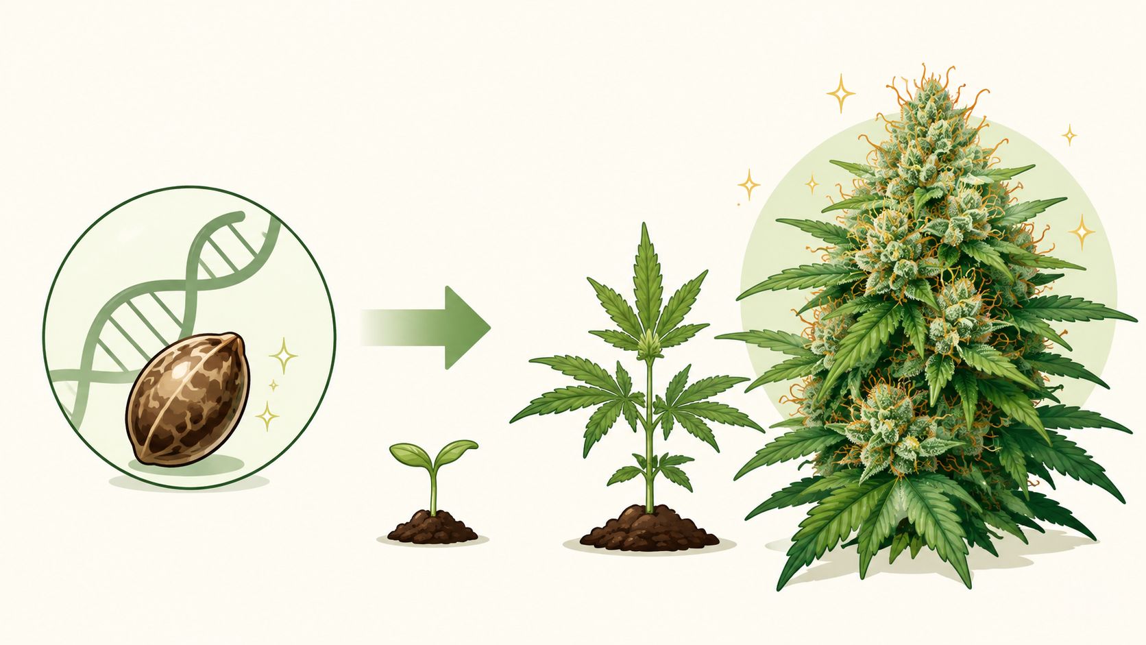 A digital illustration showing the growth stages of a cannabis plant from seed to mature flowering plant.