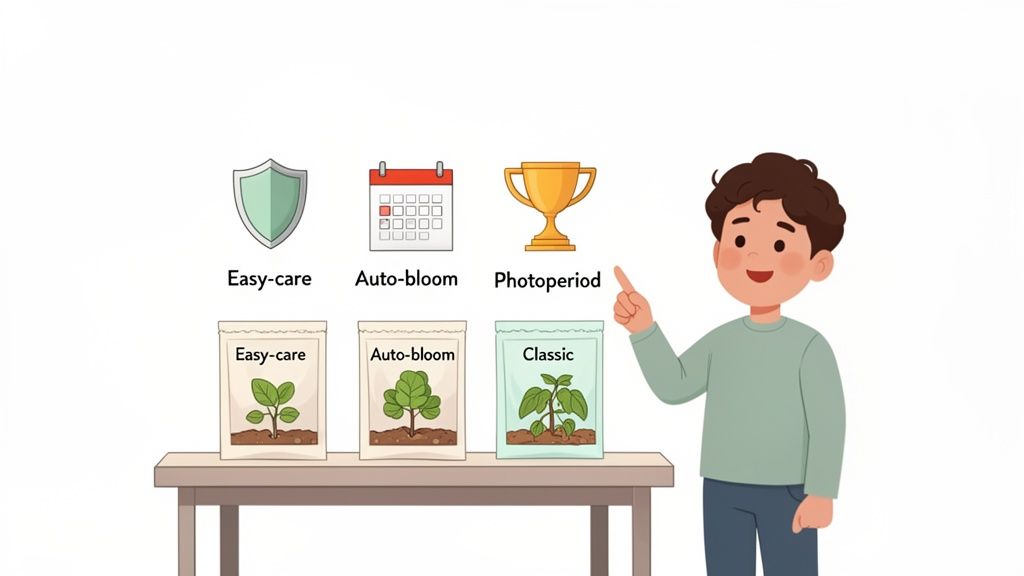 Cartoon boy explains different plant types: easy-care, auto-bloom, and classic seed strains.