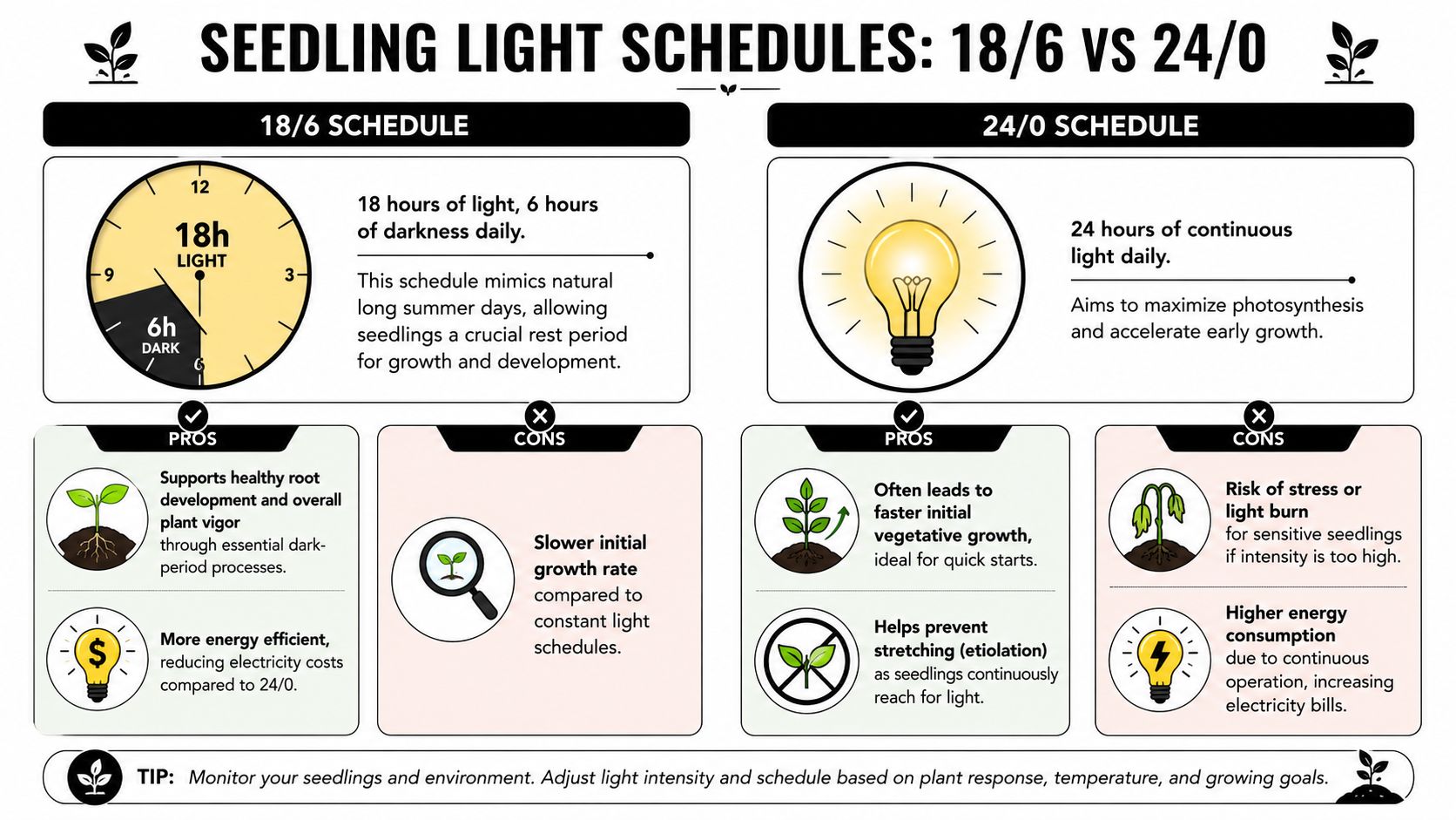 An infographic comparing 18/6 and 24/0 light schedules for growing healthy plant seedlings indoors.