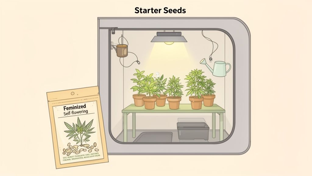 Illustration of a grow tent with several potted cannabis plants, a grow light, and 'Starter Seeds' packet.