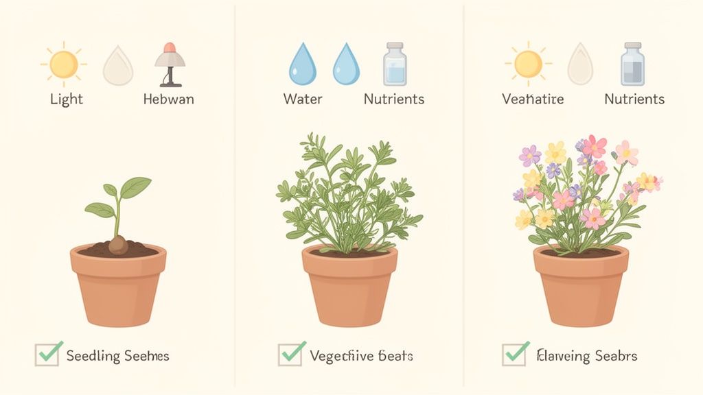 Three potted plants illustrate different growth stages: seedling, vegetative, and flowering, with care icons.