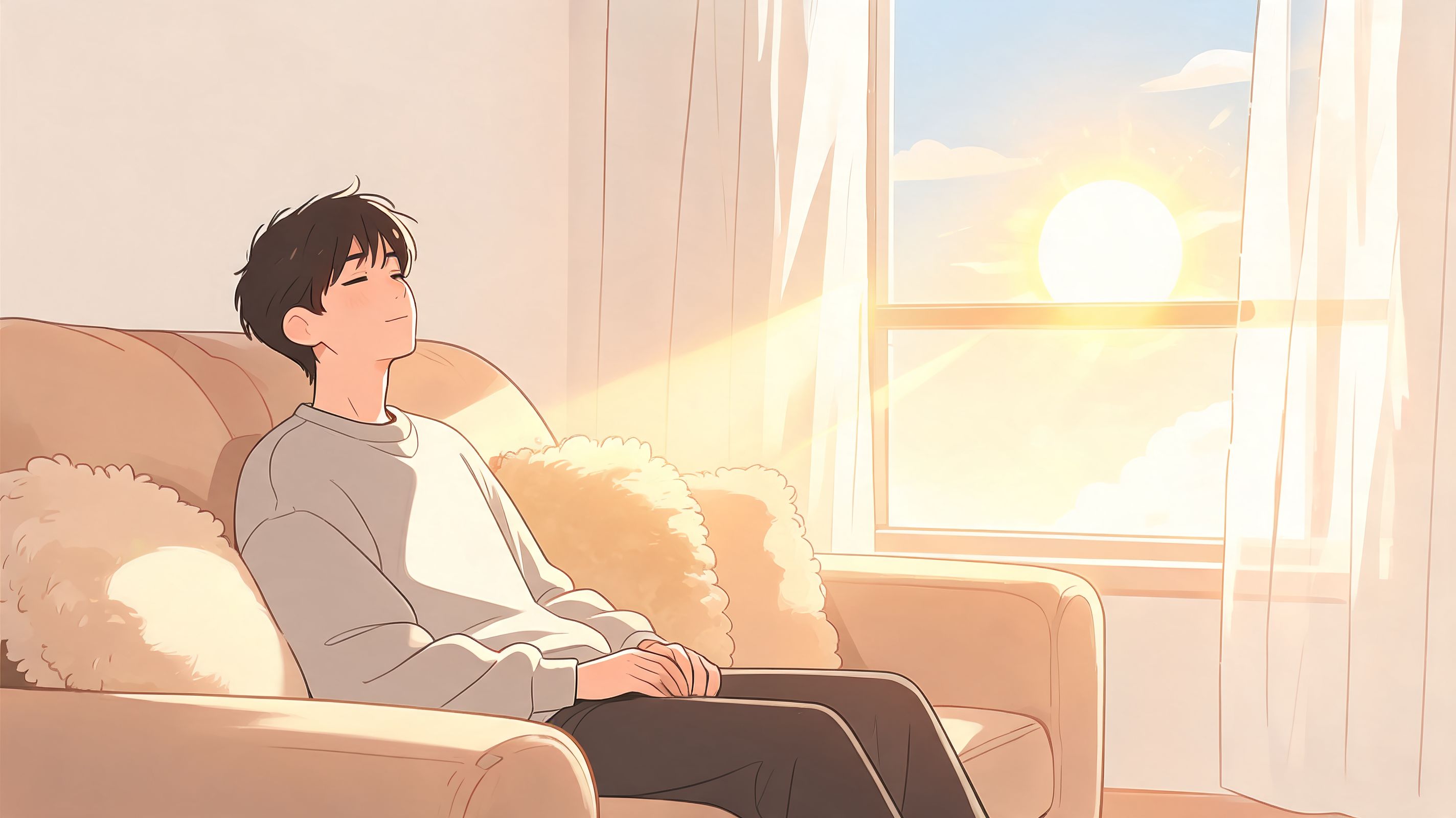 A peaceful young man relaxing on a comfortable sofa while bathed in warm, golden afternoon sunlight.