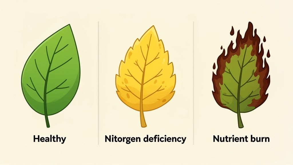Three plant leaves illustrate healthy, nitrogen deficiency, and nutrient burn conditions.