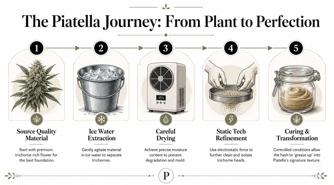 A step-by-step infographic illustrating the five stages of producing premium Piatella hash from cannabis plants.